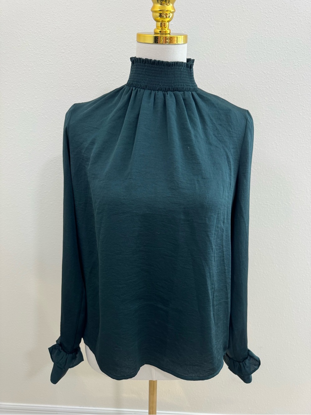 Express Dark Teal Smocked High Neck Ruffle Blouse - Size S NWT